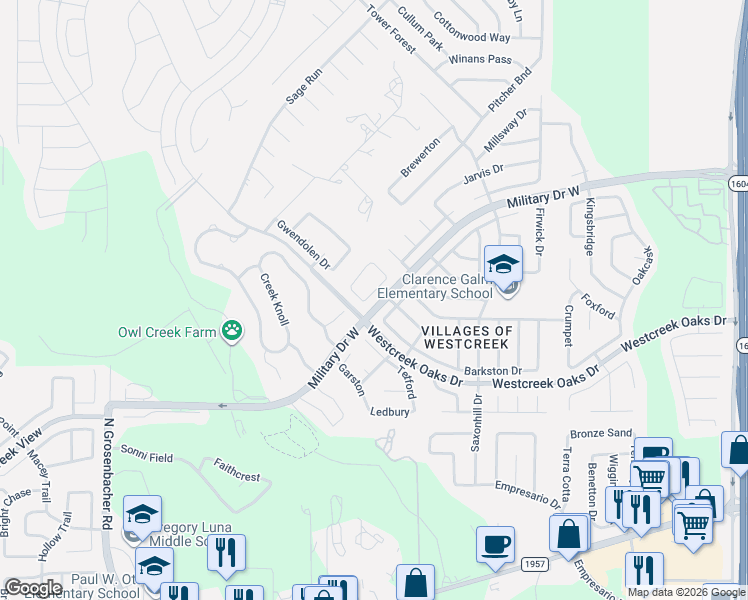 map of restaurants, bars, coffee shops, grocery stores, and more near 1222 Crossing Oaks in San Antonio