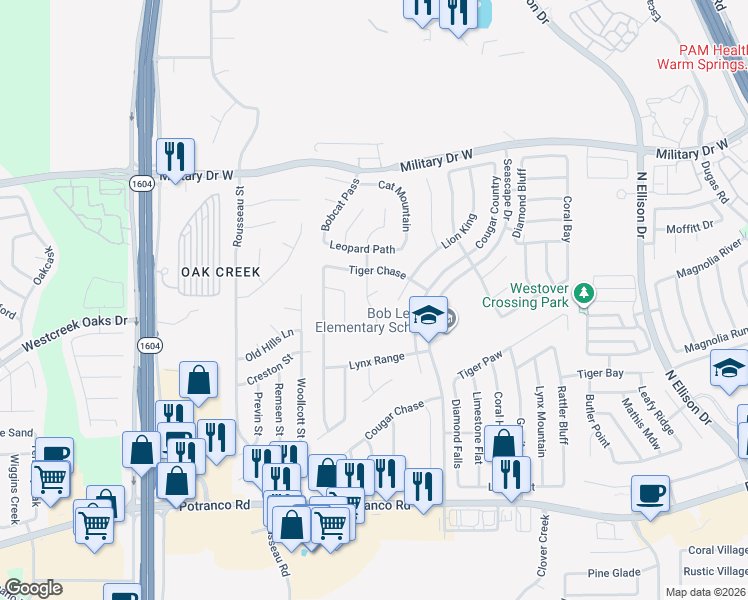 map of restaurants, bars, coffee shops, grocery stores, and more near 10614 Lion Path in San Antonio