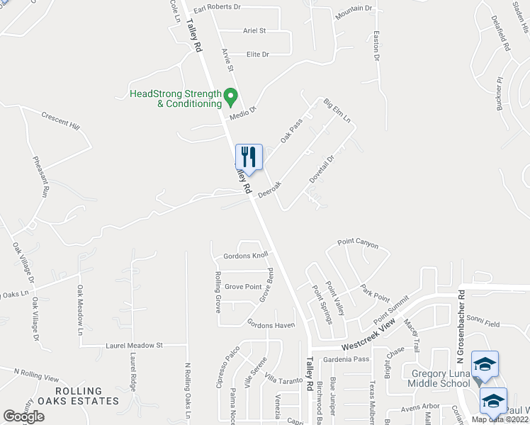 map of restaurants, bars, coffee shops, grocery stores, and more near 1030 Talley Road in San Antonio