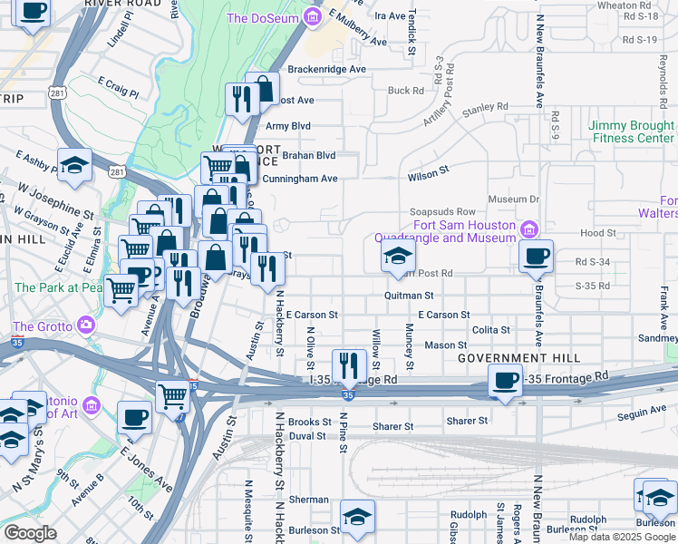 map of restaurants, bars, coffee shops, grocery stores, and more near 831 East Grayson Street in San Antonio