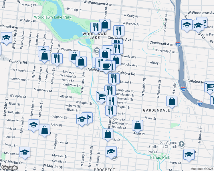 map of restaurants, bars, coffee shops, grocery stores, and more near 120 Henry Street in San Antonio