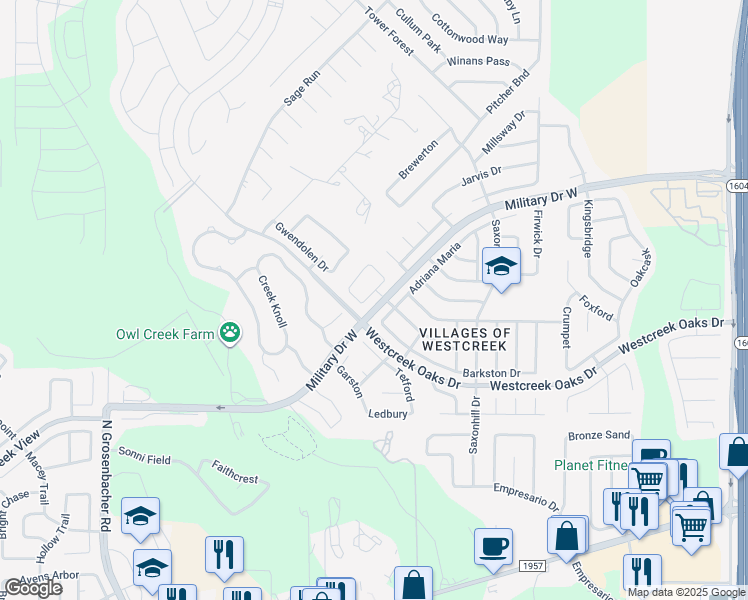 map of restaurants, bars, coffee shops, grocery stores, and more near 1222 Crossing Oaks in San Antonio