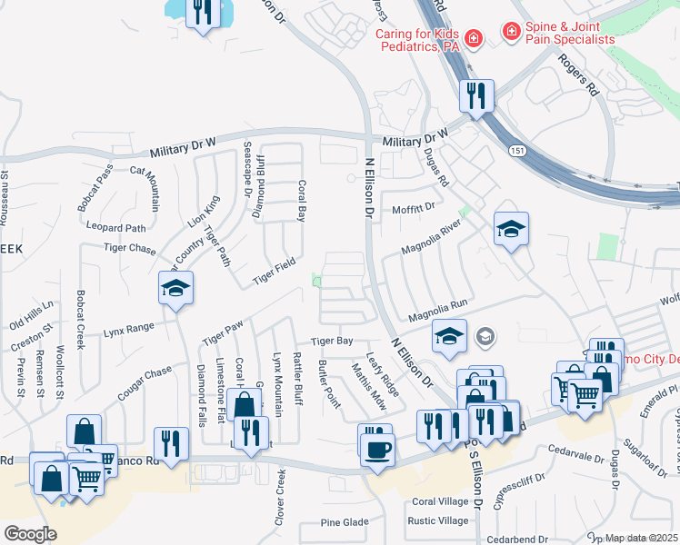 map of restaurants, bars, coffee shops, grocery stores, and more near 10118 Ranger Canyon in San Antonio