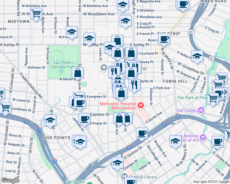 map of restaurants, bars, coffee shops, grocery stores, and more near 1515 North Main Avenue in San Antonio