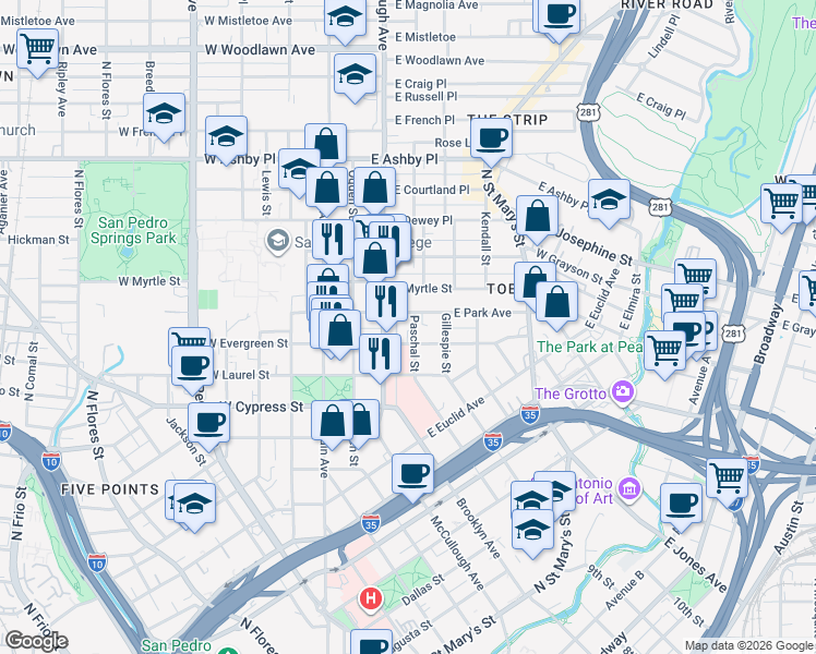 map of restaurants, bars, coffee shops, grocery stores, and more near 306 East Park Avenue in San Antonio