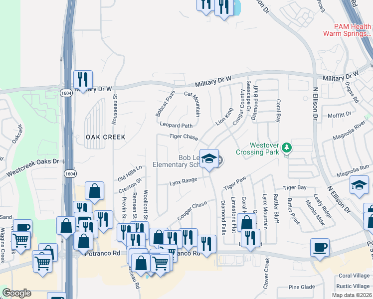 map of restaurants, bars, coffee shops, grocery stores, and more near 10614 Lion Path in San Antonio