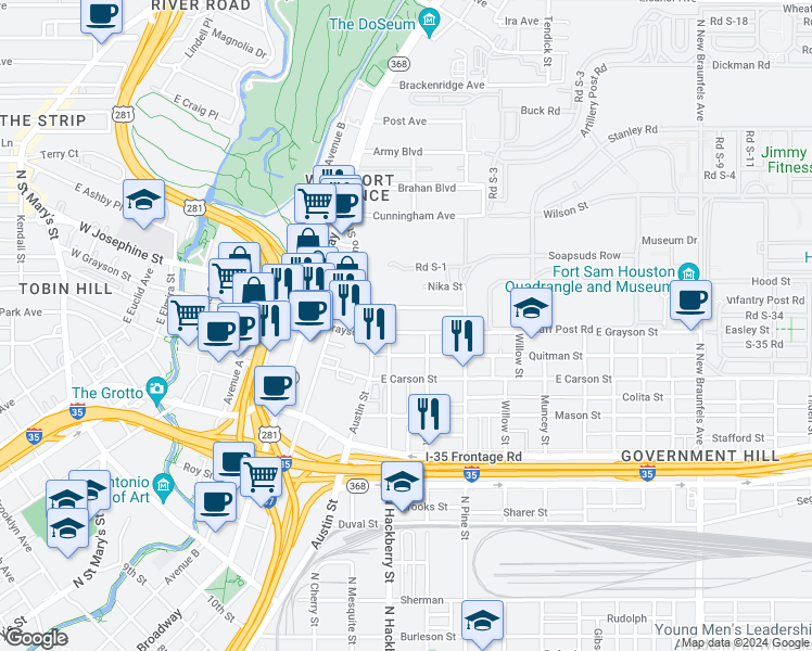 map of restaurants, bars, coffee shops, grocery stores, and more near 727 East Grayson Street in San Antonio