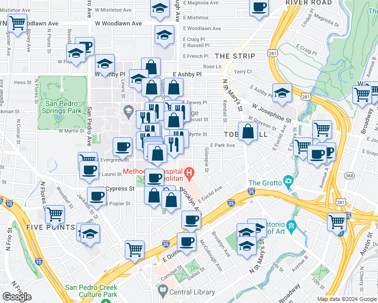 map of restaurants, bars, coffee shops, grocery stores, and more near 306 East Park Avenue in San Antonio