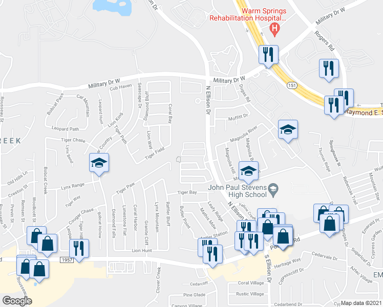 map of restaurants, bars, coffee shops, grocery stores, and more near 10118 Ranger Canyon in San Antonio