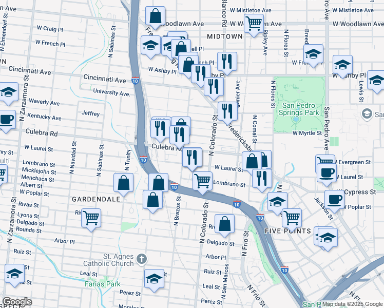 map of restaurants, bars, coffee shops, grocery stores, and more near 446 Culebra Road in San Antonio
