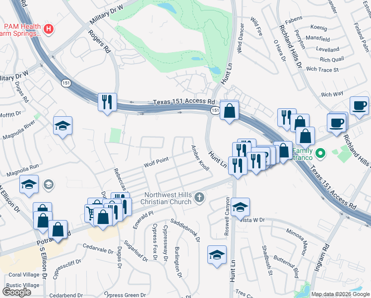 map of restaurants, bars, coffee shops, grocery stores, and more near 906 Rustling Cove in San Antonio
