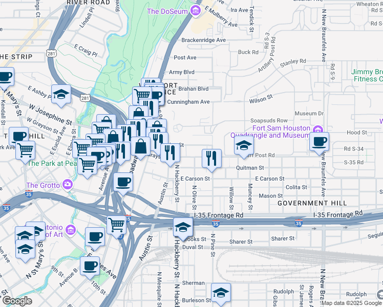 map of restaurants, bars, coffee shops, grocery stores, and more near 727 East Grayson Street in San Antonio