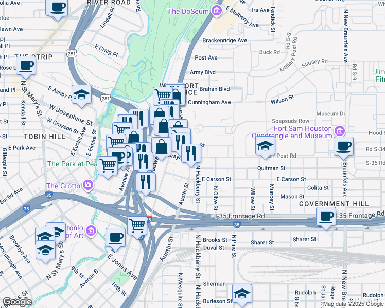 map of restaurants, bars, coffee shops, grocery stores, and more near 718 East Josephine Street in San Antonio