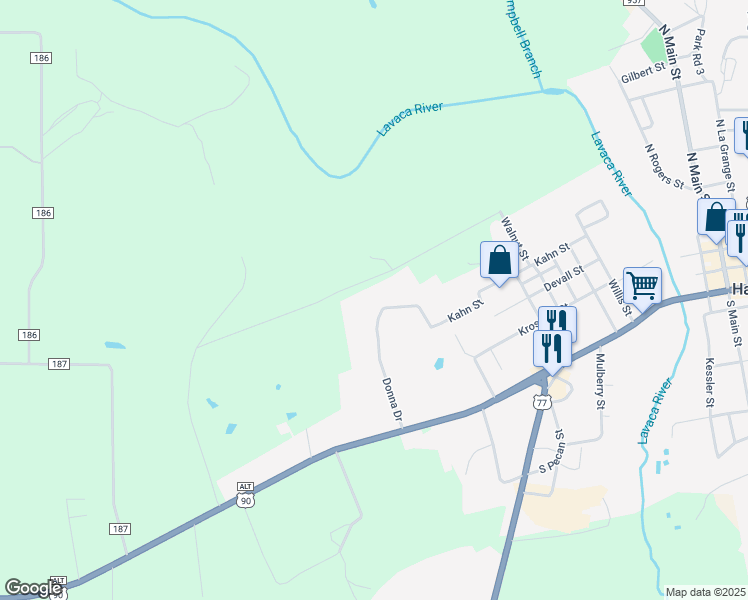 map of restaurants, bars, coffee shops, grocery stores, and more near 904 Donna Drive in Hallettsville