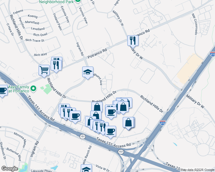 map of restaurants, bars, coffee shops, grocery stores, and more near 438 Richland Hills Drive in San Antonio