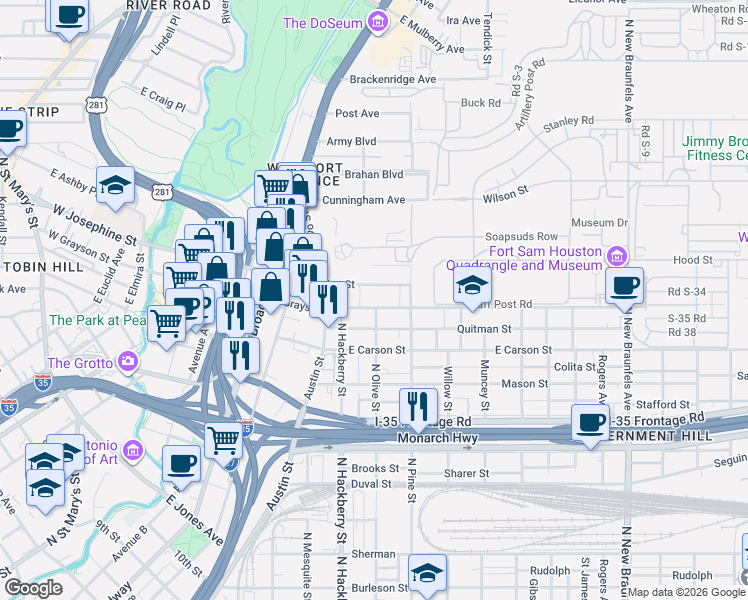 map of restaurants, bars, coffee shops, grocery stores, and more near 733 East Grayson Street in San Antonio