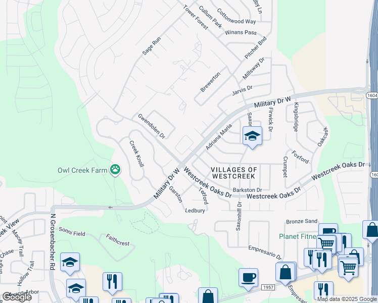 map of restaurants, bars, coffee shops, grocery stores, and more near 1222 Crossing Oaks in San Antonio