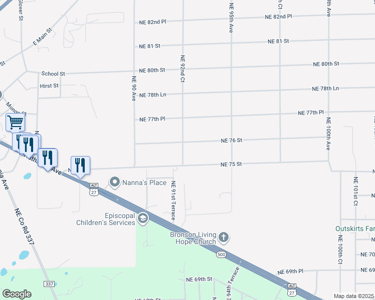 map of restaurants, bars, coffee shops, grocery stores, and more near 7571 Northeast 92nd Court in Bronson