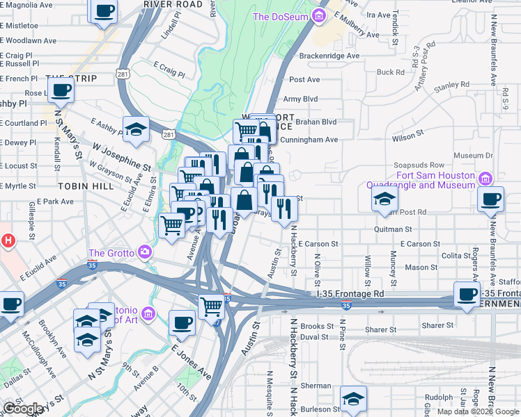 map of restaurants, bars, coffee shops, grocery stores, and more near in San Antonio