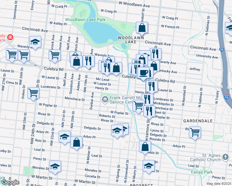 map of restaurants, bars, coffee shops, grocery stores, and more near 1313 Lombrano Street in San Antonio