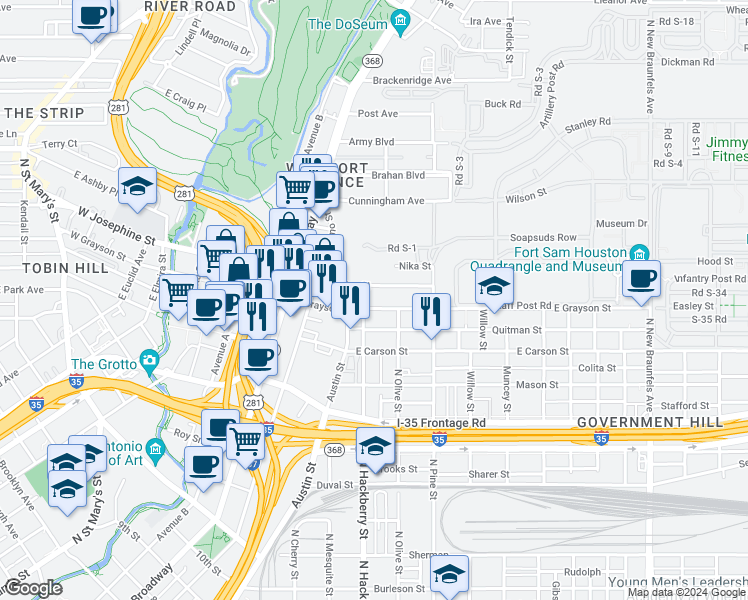 map of restaurants, bars, coffee shops, grocery stores, and more near 718 East Josephine Street in San Antonio