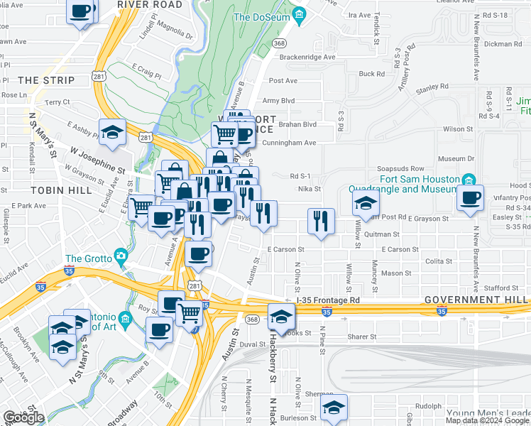 map of restaurants, bars, coffee shops, grocery stores, and more near 718 East Josephine Street in San Antonio