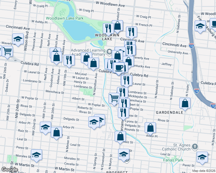 map of restaurants, bars, coffee shops, grocery stores, and more near 202 Henry Street in San Antonio