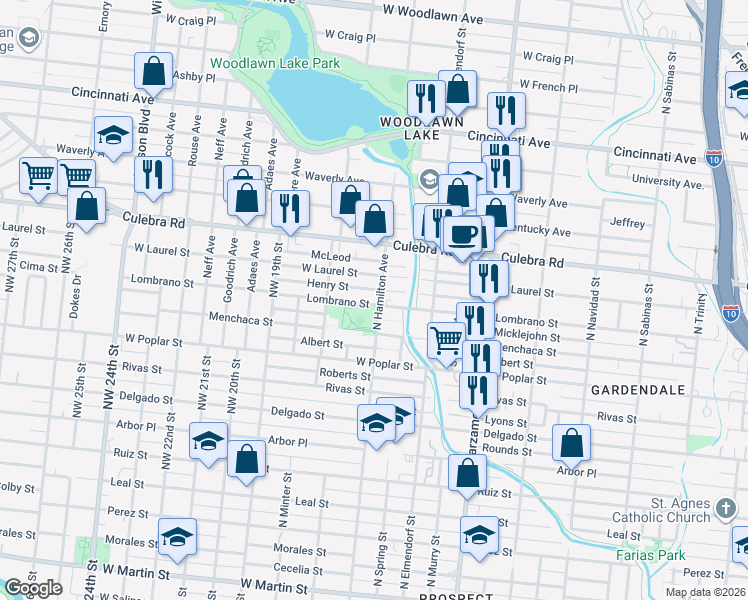 map of restaurants, bars, coffee shops, grocery stores, and more near 1313 Lombrano Street in San Antonio