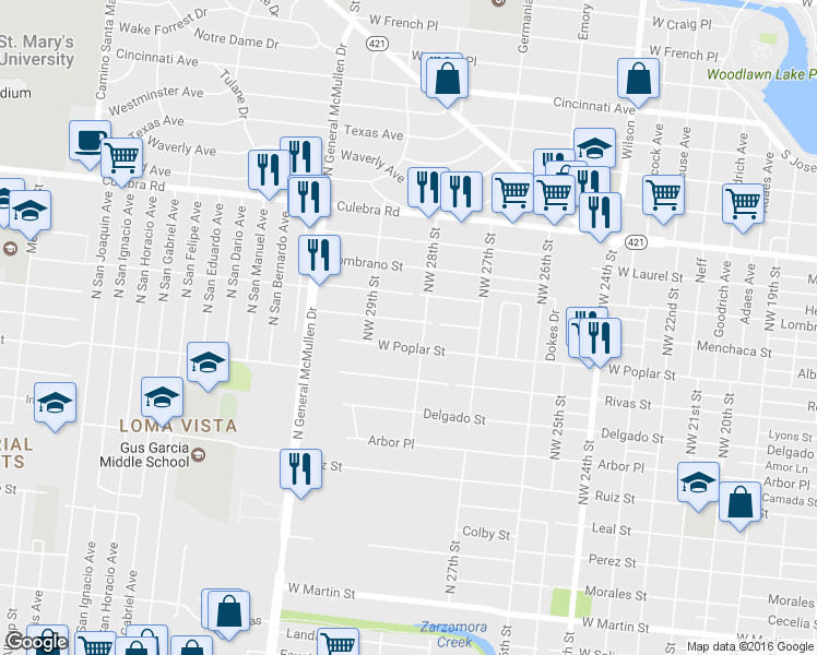 map of restaurants, bars, coffee shops, grocery stores, and more near 2614 Menchaca Street in San Antonio