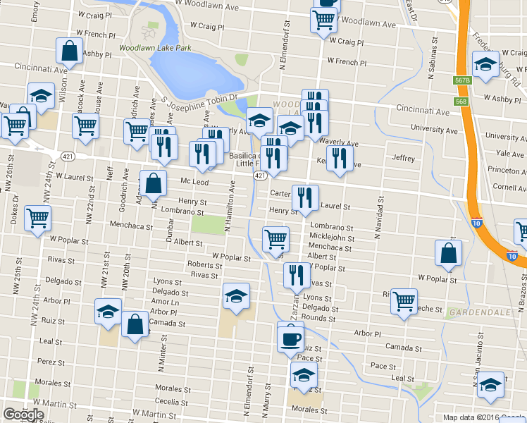 map of restaurants, bars, coffee shops, grocery stores, and more near 202 Henry Street in San Antonio