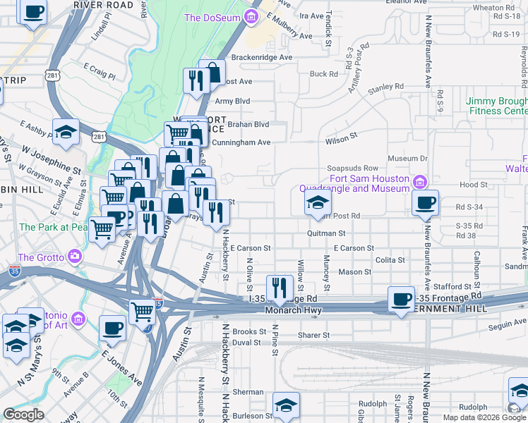 map of restaurants, bars, coffee shops, grocery stores, and more near 819 East Grayson Street in San Antonio