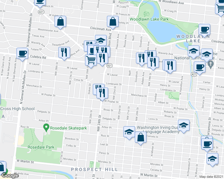 map of restaurants, bars, coffee shops, grocery stores, and more near 112 Blue Ridge Drive in San Antonio