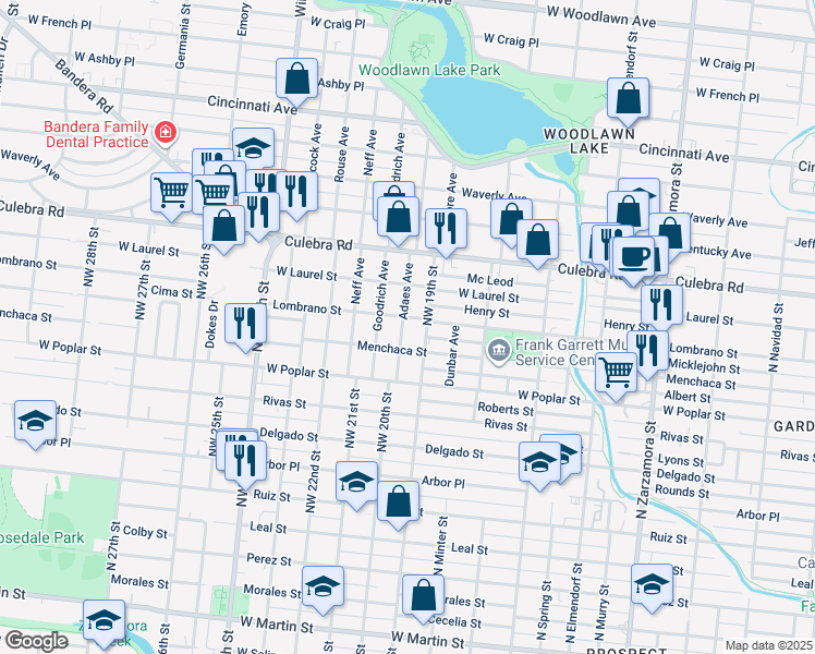map of restaurants, bars, coffee shops, grocery stores, and more near 226 Adaes Avenue in San Antonio