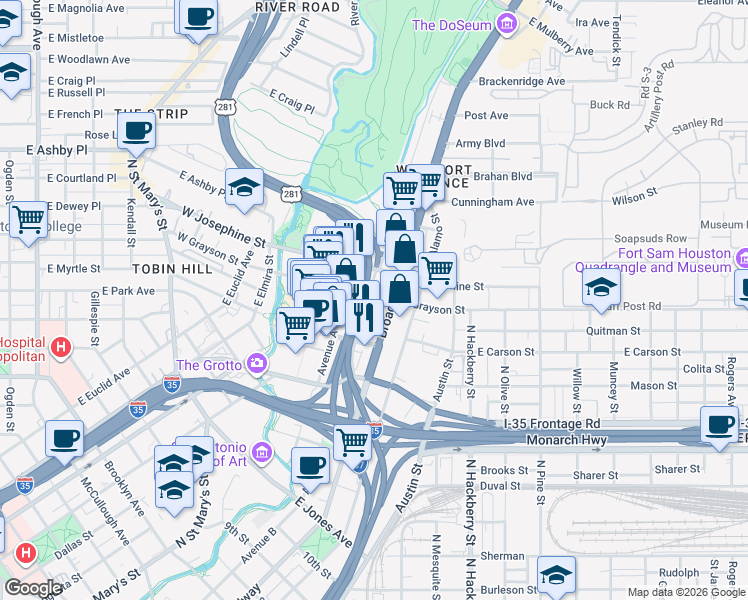 map of restaurants, bars, coffee shops, grocery stores, and more near 330 East Grayson Street in San Antonio