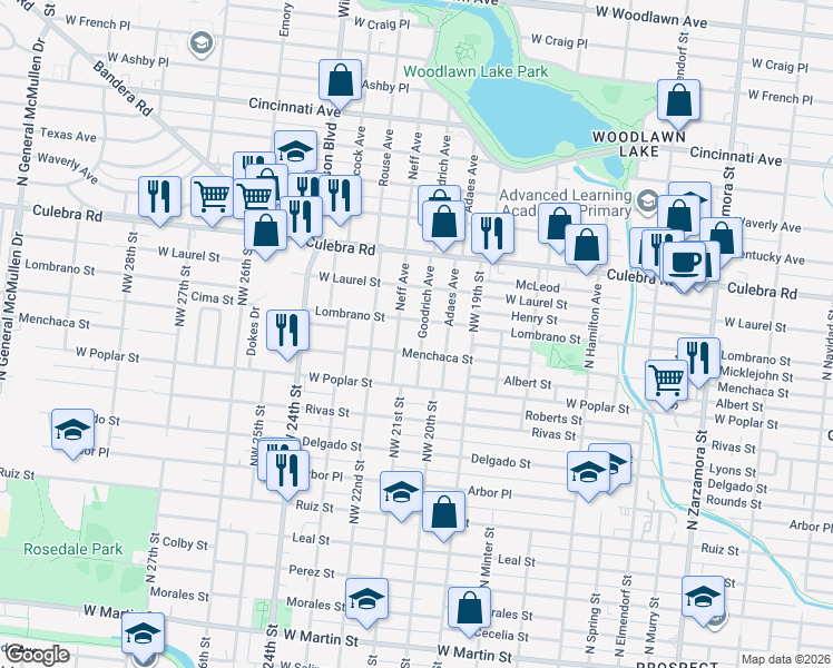 map of restaurants, bars, coffee shops, grocery stores, and more near 223 Goodrich in San Antonio