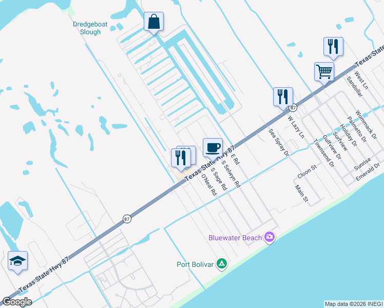 map of restaurants, bars, coffee shops, grocery stores, and more near 1024 O' Neil Road in Bolivar Peninsula