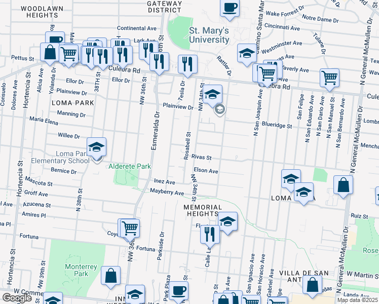 map of restaurants, bars, coffee shops, grocery stores, and more near 166 Rosabell Street in San Antonio