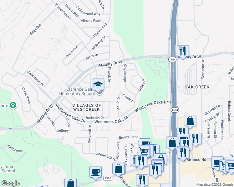 map of restaurants, bars, coffee shops, grocery stores, and more near 1323 Crumpet in San Antonio