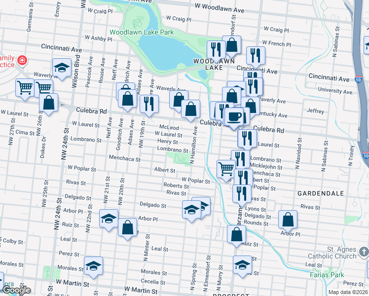 map of restaurants, bars, coffee shops, grocery stores, and more near 1313 Lombrano Street in San Antonio