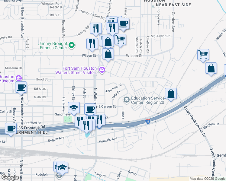 map of restaurants, bars, coffee shops, grocery stores, and more near 518 Coleman Street in San Antonio