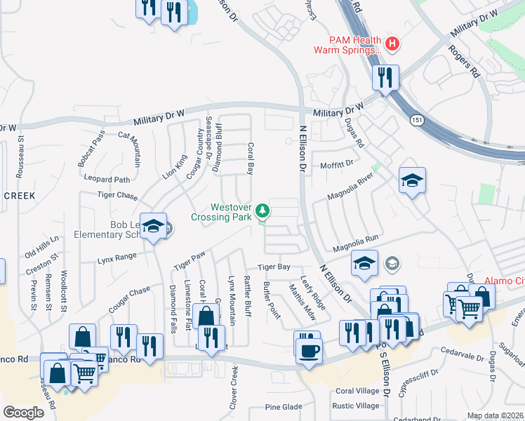 map of restaurants, bars, coffee shops, grocery stores, and more near 1011 Ranger Peak in San Antonio