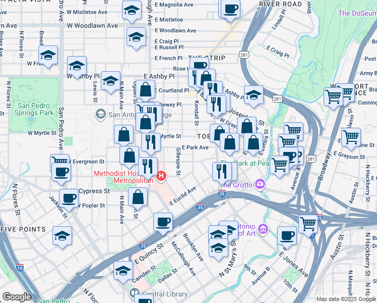map of restaurants, bars, coffee shops, grocery stores, and more near 518 East Park Avenue in San Antonio