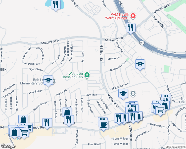 map of restaurants, bars, coffee shops, grocery stores, and more near 10118 Ranger Canyon in San Antonio