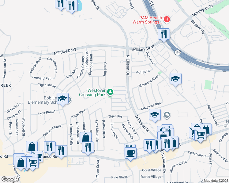map of restaurants, bars, coffee shops, grocery stores, and more near 1011 Ranger Peak in San Antonio