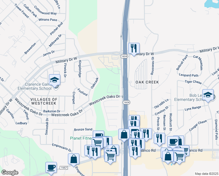 map of restaurants, bars, coffee shops, grocery stores, and more near 1218 Creek Ranch in San Antonio