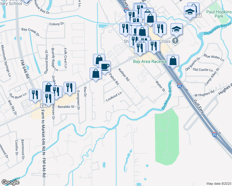 map of restaurants, bars, coffee shops, grocery stores, and more near 408 Lookout Lane in Dickinson