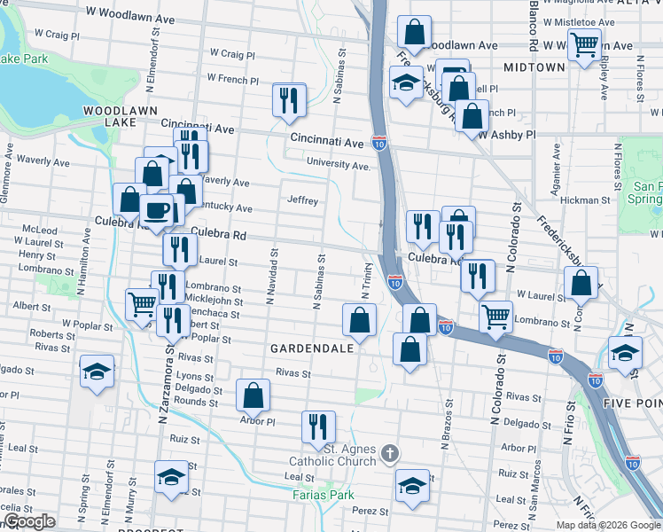 map of restaurants, bars, coffee shops, grocery stores, and more near 1523 West Laurel Street in San Antonio