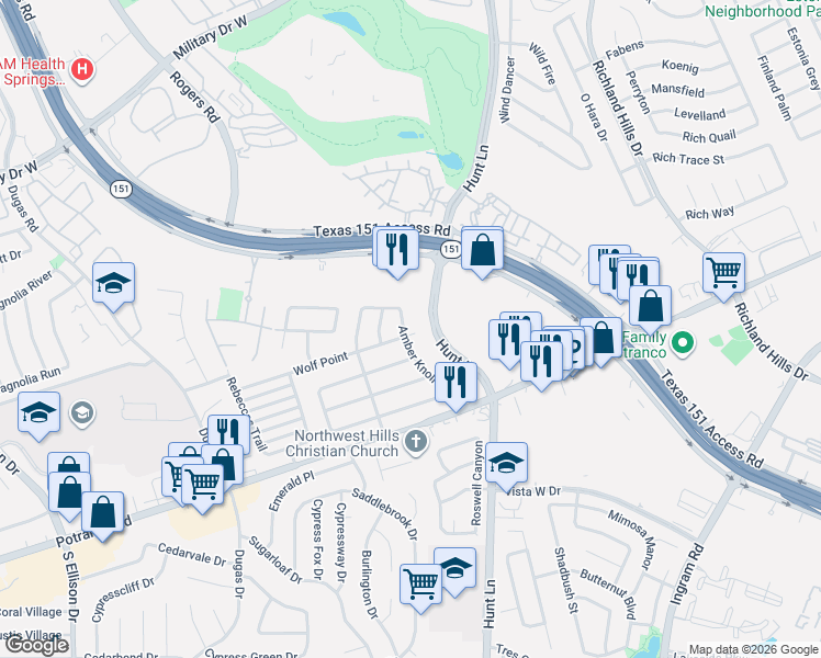 map of restaurants, bars, coffee shops, grocery stores, and more near 902 Amber Knoll in San Antonio