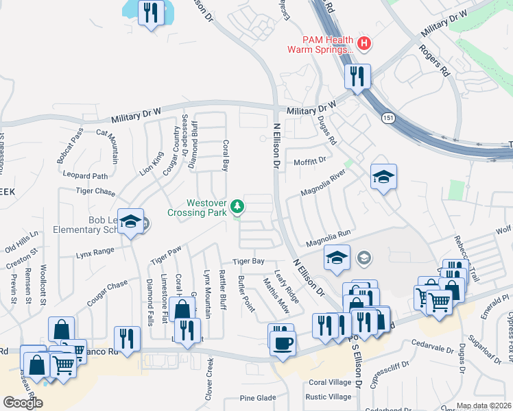 map of restaurants, bars, coffee shops, grocery stores, and more near 10118 Ranger Canyon in San Antonio