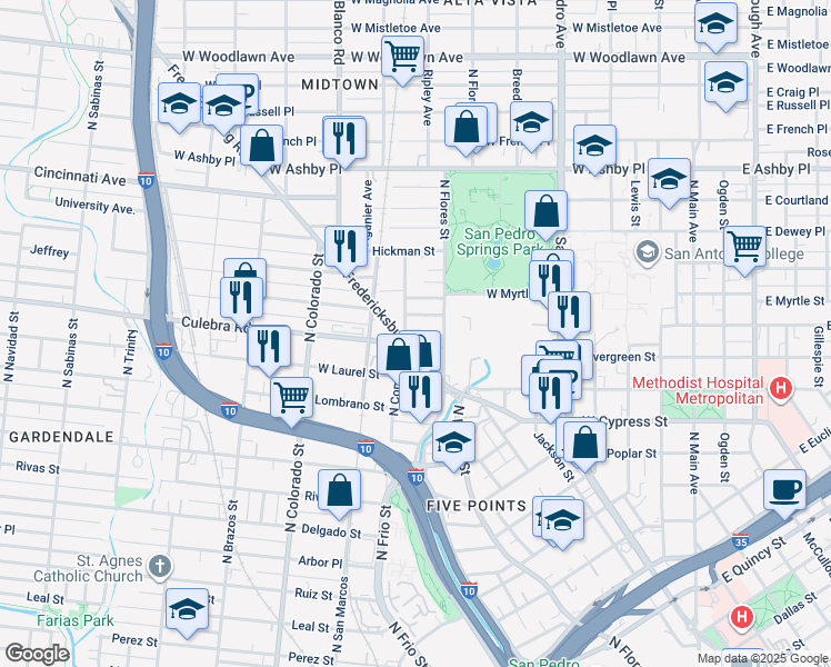 map of restaurants, bars, coffee shops, grocery stores, and more near 1706 North Comal in San Antonio